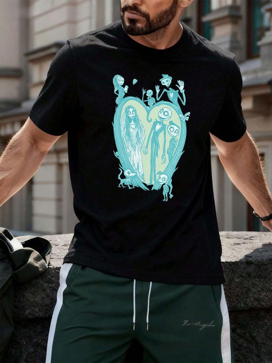 Camiseta de manga corta de Pesadilla antes de Navidad, cuello redondo, corte holgado, estilo urbano hip-hop, ajuste relajado, estampado llamativo - Negro - Ver 1