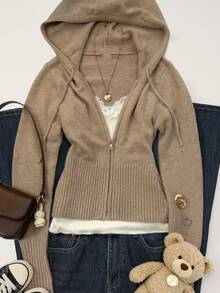 女士休闲可爱短款拉链连帽修身针织开衫，长袖日常通勤百搭针织外套，秋冬街头风Y2K