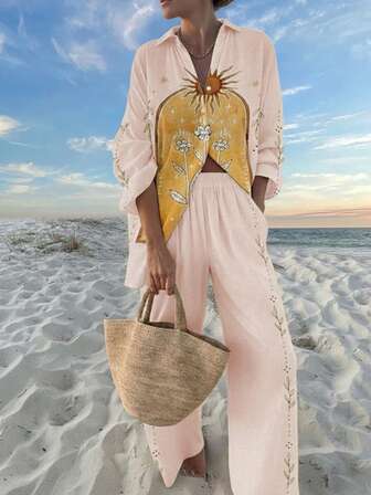 女士休闲时尚春季波西米亚风和夏季度假数码印花套装，搭配向日葵图案长袖宽松衬衫和松紧腰阔腿裤，带口袋，秋季女装，校服，女式街头服饰，图案 T 恤，女式复古服饰，对比图案，无袖衬衫