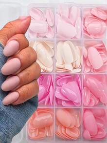 288片美甲贴纸套装，12种颜色，亮面亚克力假指甲，全覆盖，椭圆形，混合颜色和纯色图案，短款，送给女性和女孩的完美礼物，美甲配件（哑光裸色） - 彩色 - 查看 3