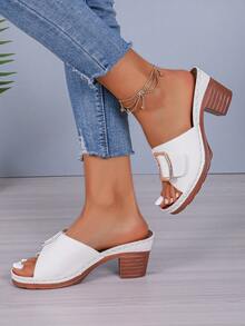 2025 Fashion Metal Buckle Design Open Toe High Heel Mules, Chunky Heel Sexy Non-Slip Platform Sandals, Suitable For Summer Daily Wear (Run Large, Suggest Ordering One Size Down) - White - View 7