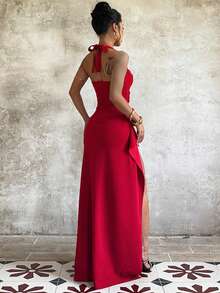 1pc Elegant Solid Color Asymmetric/Asymmetrical High Slit Backless Dress, Suitable For Parties, Weddings, All Seasons - Red - View 3