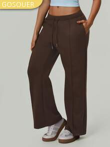 女士休闲抽绳腰宽松瑜伽裤，舒适口袋阔腿运动裤，直筒打底裤，秋冬季 - 咖啡棕 - 查看 6