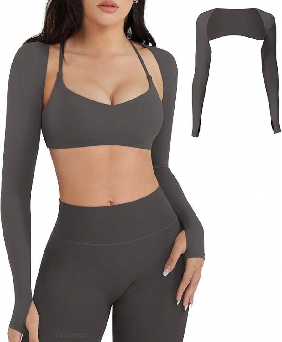 Women Crop Top Long Sleeve Bolero Open Front Workout Cropped Shirts Sports Shrug - 木炭 - 查看 1