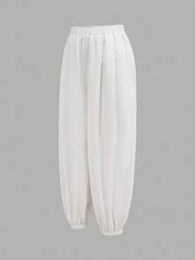 QUNGIGU Women's White Harem Loose Fit Pants, High Waisted Elastic Trousers, Casual Loose Fit Lantern Balloon Joggers For Summer Beach, Yoga & Daily Wear - White - View 3