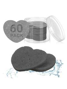 60pcs Compressed Face Sponge, Natural Exfoliator, Disposable Cleansing Pad, Soft Heart Pads With Storage Container, Travel Makeup Remover
