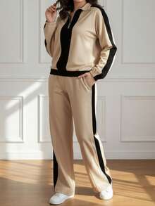 Áo thun dài tay cổ tròn màu trơn tối giản dành cho nữ, kết hợp với áo thun dài tay cổ đứng màu trơn tối giản dành cho nữ, phù hợp cho mùa xuân và mùa thu - Màu be - Xem 5