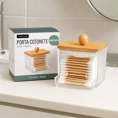 Porta Cotonetes Em Acrilico Cristal Com Bandeja e Tampa de Bambu