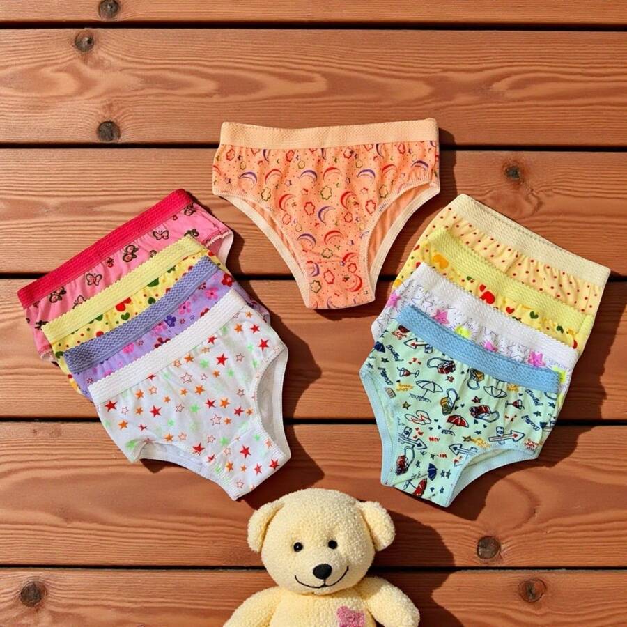 Kit Of 12 Girls' Panties, Children's Printed Cotton Lining, Elastic Waistband, Girl And For Resale Shipping