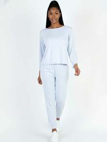 2pcs Pajama Sets For Women Solid Long Sleeve Tee & Pants PJ Set - 牡蠣灰 - 查看 1