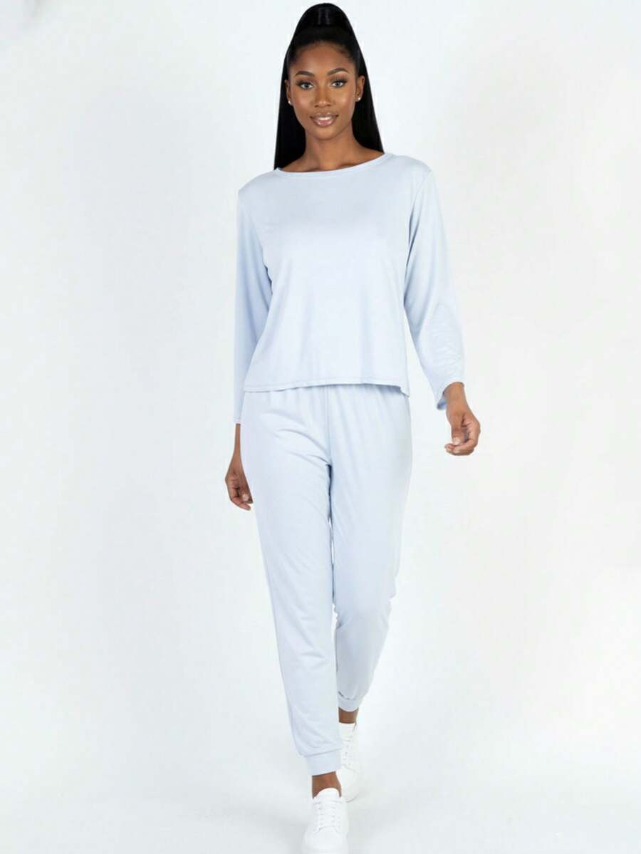 2pcs Pajama Sets For Women Solid Long Sleeve Tee & Pants PJ Set - 牡蠣灰 - 查看 1