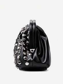 New Fashionable Versatile Features A Pleated Design With Retro Square Metal Trim. Simple Rivet Banquet Bag Niche Design High-End Retro Punk Style Popular Design Commuting Shopping Ladies Black, Cool Style Halloween Purse Perfect For Fancy Party Halloween Fashion & Music Festival Gothic Fashion - Black - View 8