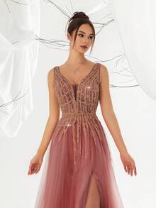 VIPGIRL Sequin Patchwork High Slit Elegant Long Evening Gown - Red - View 5