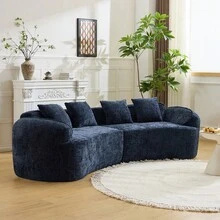 YOGLAD Modern Curved Chenille Sofa Couch, Nordic-Inspired Compressed Cloud Couch For Living Room Bedroom Apartment, Soft 3-Seater Sofa With Comfortable Deep Seating, Boneless Sofa With Skin-Friendly Fabric, No Assembly Required, Small Space Modular Loveseat, Minimalist Modern Sofa Furniture For Home Office Lounge - 深藍色 - 查看 3