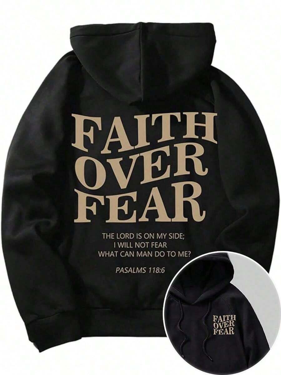 Streetwear Hoodie Print Graphic Sweatshirt-Men's Letter Graphic Hoodies Long Sleeve Faith Over Fear Hoodies Pullover Sweatshirt StreetwearBack To School Hoodie Teen, A Great Gift For Your Boyfriendideal Para Amigos Warm Winter Hoodie For Christmas - 黑色 - 查看 1