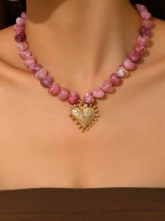 1pc Elegant Fashion Gold Heart, Orange & Red Resin 3D Heart Pendant, French Oil Drop, Gold Chain Necklace For Women, Suitable For Daily Wear, Vacation, Party