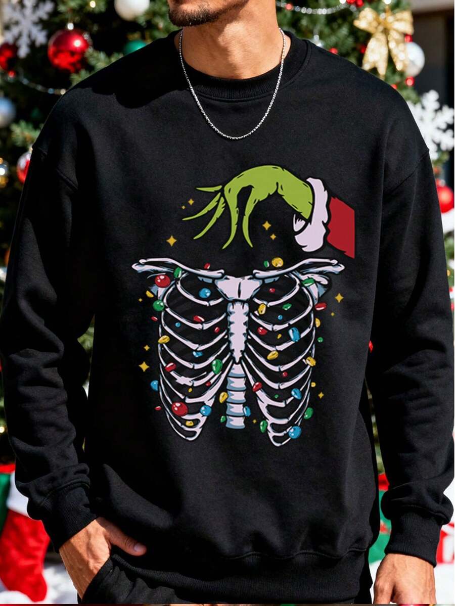 Hombre Sudadera con estampado de esqueleto y dulces, Crewneck Sweatshirt para hombres, adecuada para fiestas y uso cotidiano, regalo original para amantes del estilo alternativo, cómodo y de moda - Negro - Ver 1