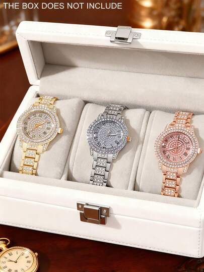 3pcs Luxury Fully-Studded Ladies' Watch Set, Featuring A Classic Round Roman Dial Available In Gold, Silver, Or Rose Gold. The Fully-Studded Design Is Perfect For Parties And Daily Wear, Making It A Delicate Gift For A Girlfriend Or Best Friend. Suitable For Mother's Day, Birthdays, Ramadan Gifts, And Everyday Use. The Style Is Glamorous, Exuding A Noble Elegance. Packaging Box Not Included.