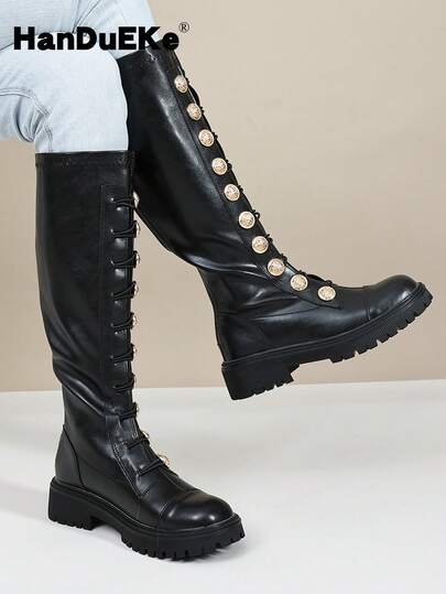 女士厚底圆头黑色过膝长靴，复古金色纽扣，2025秋冬新款，过膝圆头厚底骑马靴