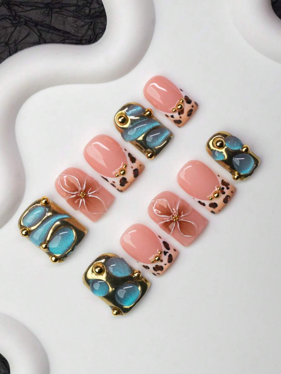 10pcs/Set Handmade Square Nail Tips, Y2K Baddie Style, Nude, Gold, Blue Color With French Edge, Leopard Print, Carved, Cat Eye, Steel Bead Design, Suitable For Party, Wedding, Daily Wear, Includes Tool Kit, Great Gift For Women And Girls
