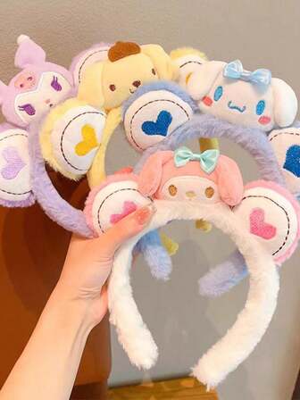  (Slumpmässig leverans) 1 st Sanrio plyschhårband, sött 3D-tecknat ansiktsrengöringshaarband, mångsidigt hårtillbehör, lämplig för flickor.