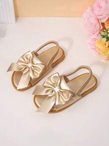 1 Pair Of Children's Golden Bow Sandals With Metallic PU Material, Exposed Toe, Low Cut Elastic Band, Flat Heel, Sweet And Elegant Style, Party Performance, Daily School Shoes - Gold - View 7