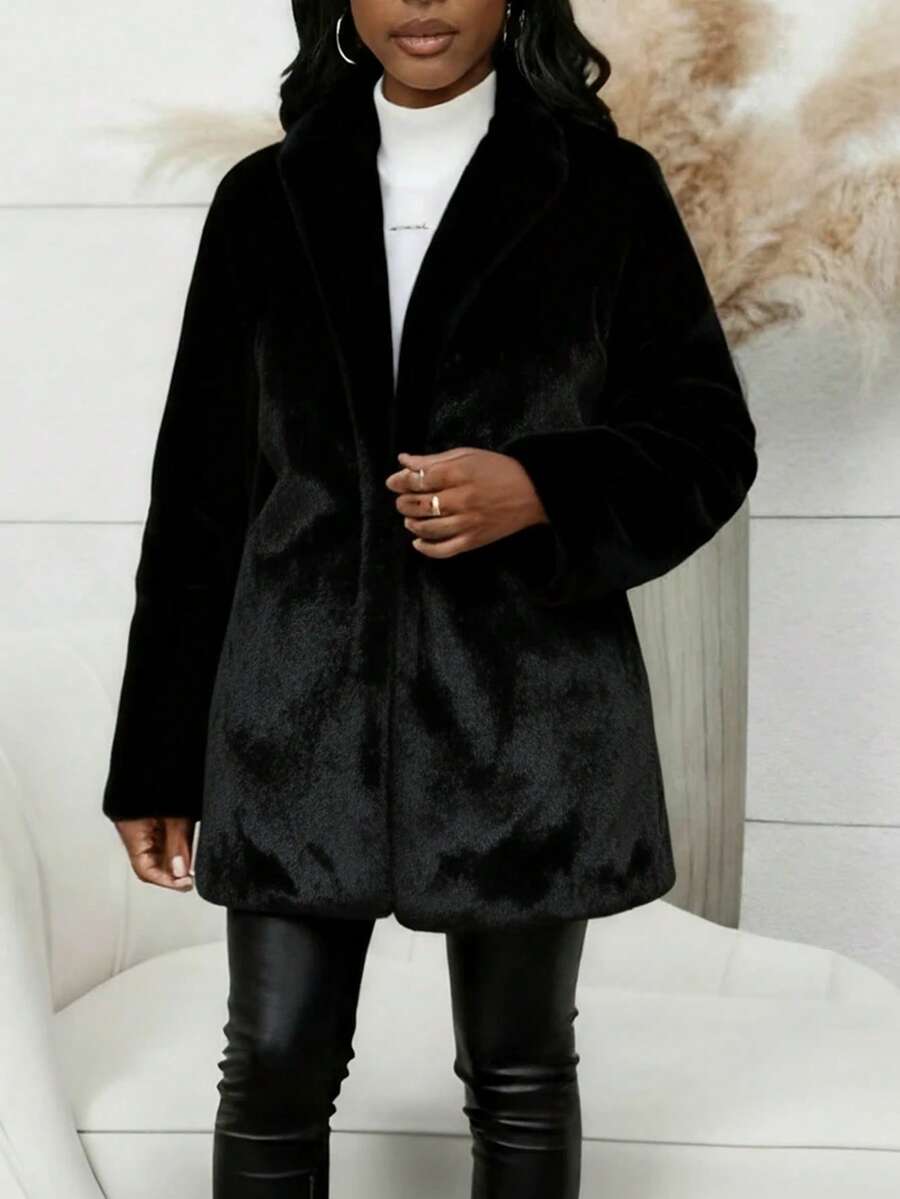 女士皮草大衣，冬季外套，女士秋季服装，黑色奢华大码冬季外套。这款厚实保暖的夹克采用柔软内衬、深口袋和卓越的保暖性能，是您户外探险的理想之选。 - 黑色 - 查看 1