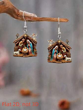 1 par de pendientes retro de escena navideña de acrílico - Diseño plano 2D con la Sagrada Familia y pastores, ganchos de acero inoxidable, bajo en alergias, adecuado para uso diario, fiestas y regalos, regalo perfecto para las fiestas