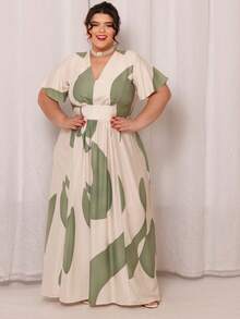 Women's Plus Size Formal Long Dress MORA PRINTED In Viscose Linen Fabric, Short, Round Sleeves, Evangelical Style, For Church Conferences, Bridesmaids, Weddings! Special Events... - 印花綠 - 查看 2