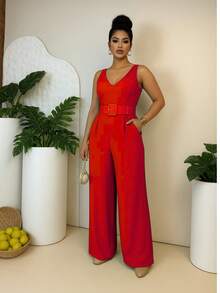 Women's Long Jumpsuit, Premium Viscose Linen, Summer Fashion, Simple, Buttons At The Front, Pocket, Button - Red - View 1