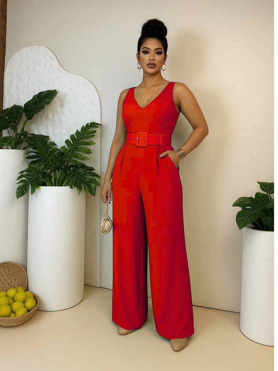 Women's Long Jumpsuit, Premium Viscose Linen, Summer Fashion, Simple, Buttons At The Front, Pocket, Button - Red - View 1