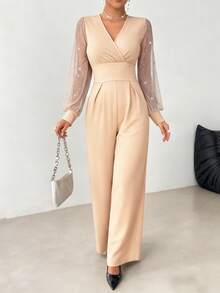Elegant Women's Jumpsuit, Sophisticated Black V-Neck Long Sleeve, Straight Leg Design, Sheer Mesh Panels, Rivet Decor, Machine Washable, Showcasing A Refined Style - Khaki - View 5