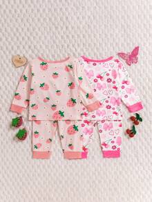2 Sets (4pcs) Girls & Toddlers Casual Strawberry, Flower, Cherry, Bow, Heart Print Soft & Comfortable Flame Retardant Knit Fabric Long Sleeve T-Shirt And Pants Pajama Set, Suitable For Autumn/Winter Home Wear - Multicolor - View 2