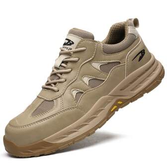 男士户外舒适鞋，工业仓库工作安全鞋，橡胶鞋底，防压防刺穿钢头，系带防护劳动鞋（尺码偏小半码）