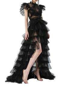 Women Tulle Skirt, Solid Color Mesh Tied-Up Irregular Floor-Length Party Skirt For Wedding Guest, Dinner, Cocktail Party - 黑色 - 查看 1