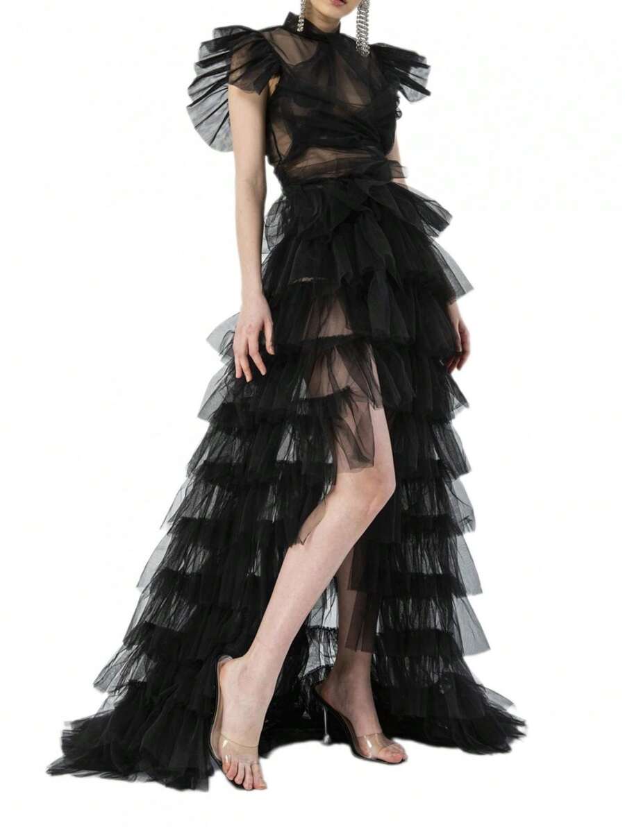 Women Tulle Skirt, Solid Color Mesh Tied-Up Irregular Floor-Length Party Skirt For Wedding Guest, Dinner, Cocktail Party - 黑色 - 查看 1