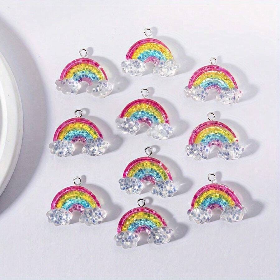 5/10个可爱三色彩虹云树脂吊坠，25*21毫米，时尚DIY饰品工艺品，适合女性和女孩，串珠材料 - 彩虹雲朵 - 查看 1