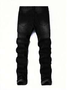1pc Men's Black Elastic Skinny Distressed Versatile Jeans, Outdoor Comfortable Casual Cargo Skinny Jeans, Y2K Style, Suitable As Gift For Husband/Boyfriend, Daily Wear - 黑色 - 查看 2