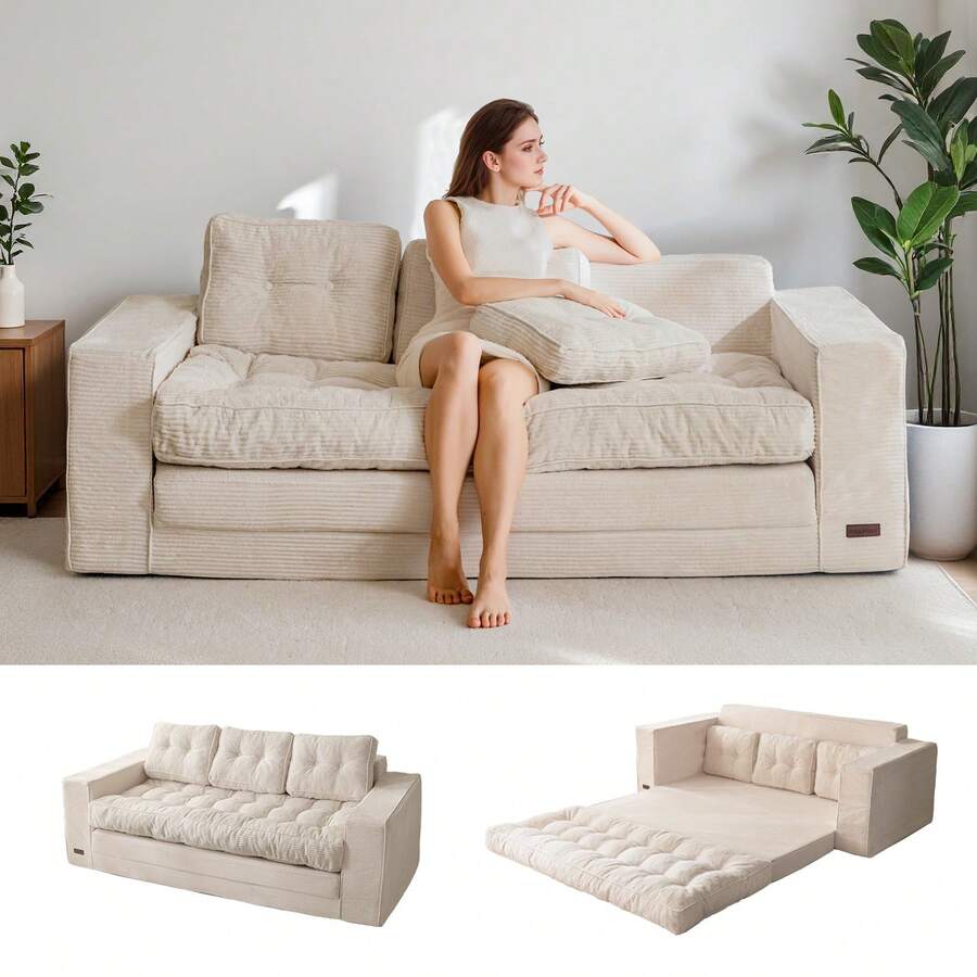 MAXYOYO Convertible Sofa Bed,Pull-Out Double Sofa Bed,2-In-1 Folding Sofa Bed Filled With High-Density Sponge,Folding Floor Sofa With Pillows,Suitable For Living Room,Bedroom,Study - 3 Seater-Beige - 查看 1
