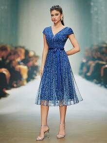 MagiacyV 印花飞机袖抽绳大裙摆高端晚礼服 - 藍色 - 查看 6