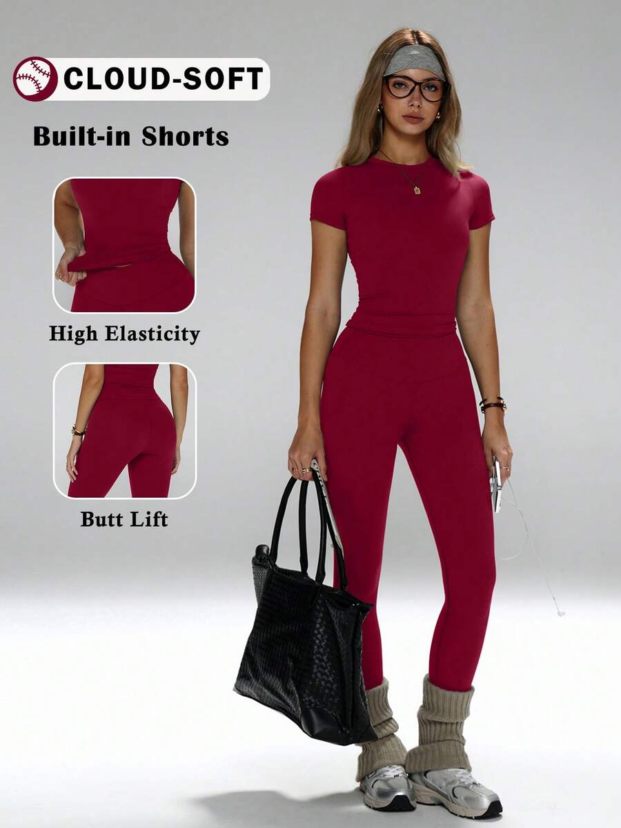 FWH 修身百搭单品，收腰提臀，适合瑜伽、健身或日常休闲穿着。女士瑜伽套装，高腰运动裤套装，塑形运动两件套，收腰瑜伽服，修身圆领T恤搭配高腰瑜伽裤，夏季必备两件套。