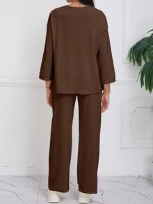 Ribbed Knit 2-Piece Set – Oversized Top & Wide Leg Pants, Winter Clothes, Elegant Women's Set, Casual Sets For Women, Vacation Outfits Women - Brown - View 7
