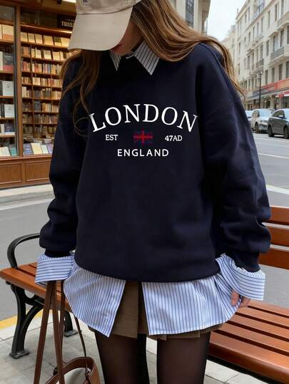 Sudadera casual de cuello redondo para mujer con bloqueo de color y estampado gráfico en inglés, versátil para uso diario, otoño/invierno