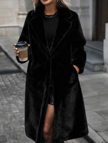 Winter Must - Have: Brown Faux Fur Long Coat With Lapel Collar - Black - View 7