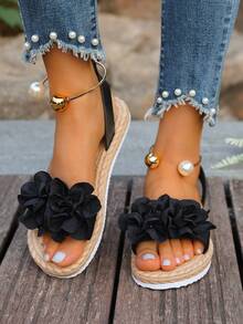 Sandálias Escorregadias Florais para Mulheres, Estilo Boêmio Doce, Versátil para Férias na Praia, Sola Macia Antiderrapante - Preto - Visão 3