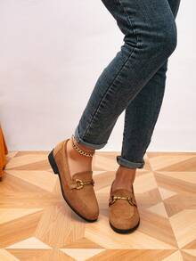 Giày lười nữ, Giày lười đế bằng mũi tròn có khóa kim loại, Giày lười đế bằng cổ điển ngoài trời, Giày thường ngày cho nữ - màu nâu - Xem 5