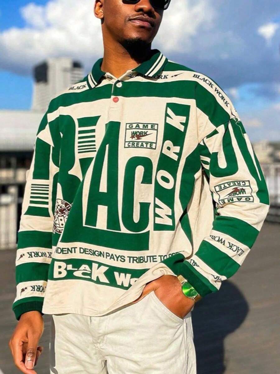 Men's Graphic Print Polo Shirt - Long Sleeve Cotton Jersey With All-Over Typography Pattern, Streetwear Collared Top For Urban Fashion - 綠色 - 查看 1