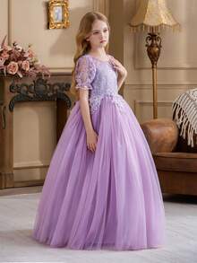 Tween Girl Lavender Lace Trim Deep V Back Mesh Graduation Elegant Princess Dress, Suitable For Girls Birthday Party, Wedding, Bridesmaid, Holiday Celebration, Graduation - Purple - View 3