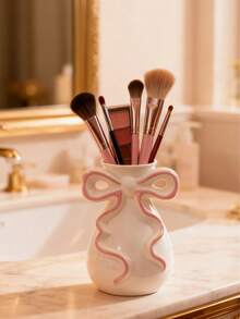 1pc Cute Bow-Shaped Storage Box, Suitable For Bathroom Makeup Brushes And Cosmetics. This Elegant Makeup Brush Holder Is Perfect For Girls, Students And Creative Home Decor. Also Suitable For Vacation, Beach, Bathroom, Bedroom And More. Large Capacity. - Multicolor - View 6
