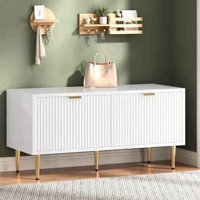 Dragonpad 42 In Modern Shoe Storage Bench For Entryway, White Fluted Shoe Cabinet With Storage, Compact Wooden Mudroom Bench For Hallway, Foyer, Entrance, Front Door